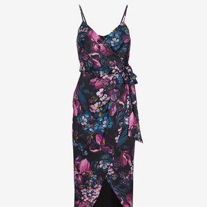 Express Satin Floral Print Tie Front Dress, Size M